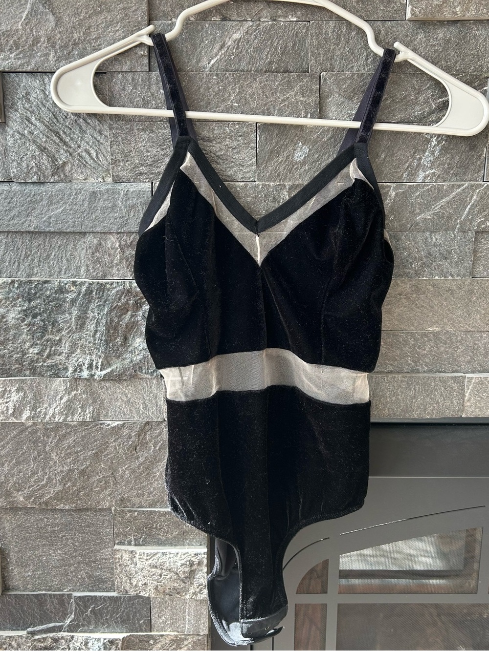 Black Velvet Bodysuit with Sheer Mesh Paneling